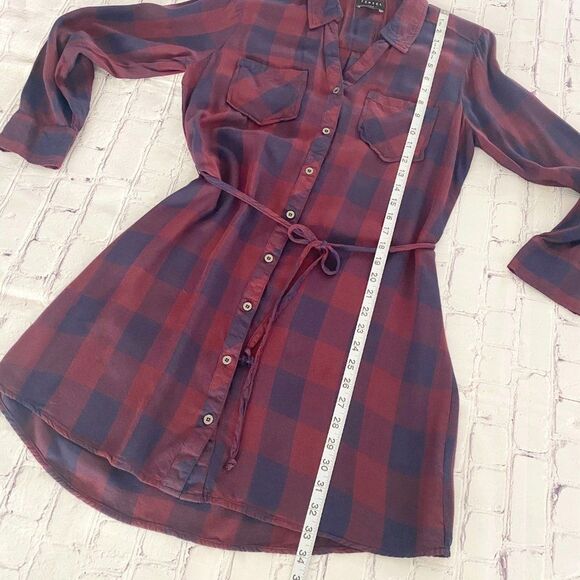 TINSEL Burgundy Purple V Neck Button Front Roll Tab Sleeve Shirt Dress M - Picture 4 of 9